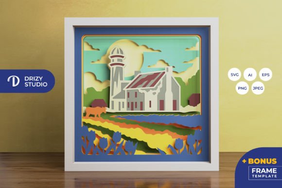 Old House in Tulip Garden 3D SVG for Shadow Boxes