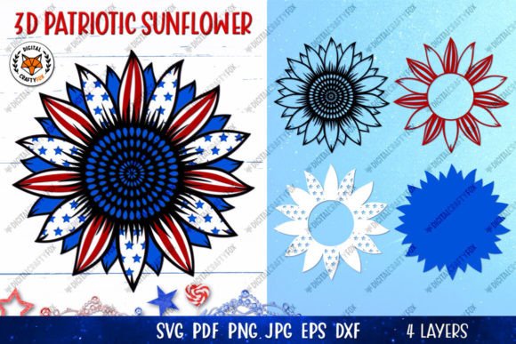 USA Flag Sunflower Paper Cut SVG: 3D Paper Flowers